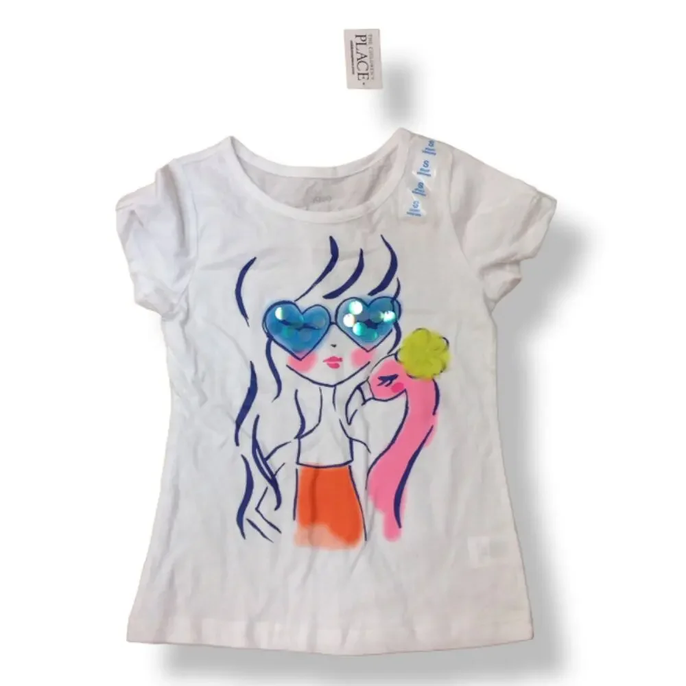 The Children's Place Girls Tee Size S 5 6 Fashionista Bling Sunglasses White NEW
